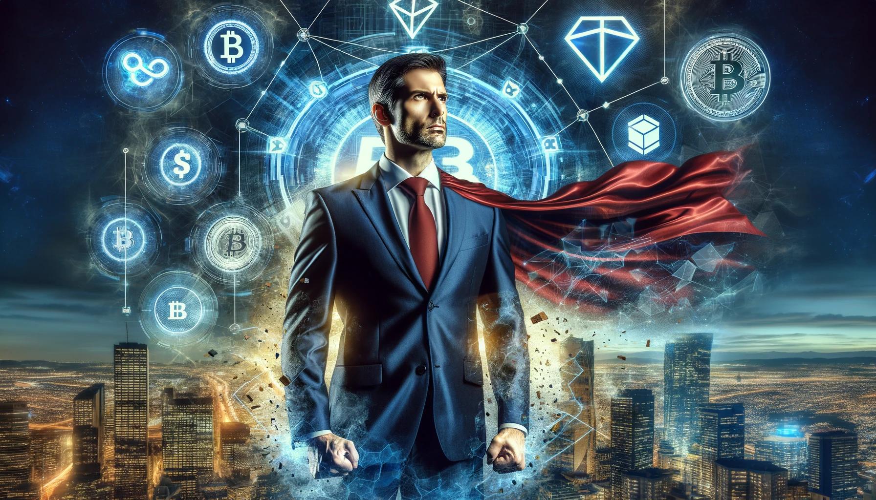 A man in a business suit stands in the middle of the image with a red Superman cape on his back. The background features a cityscape